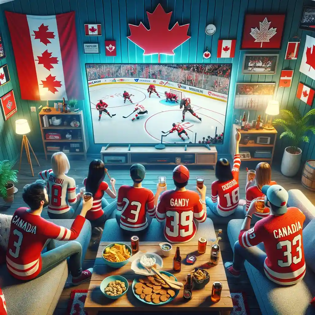 DALL·E 2024 02 11 19.39.16 A cozy living room scene with a group of friends gathered to watch a hockey game reflecting the popularity of the sport in Canada. The room is adorne 1