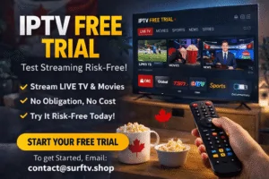 IPTV free trial banner showing smart TV streaming interface with live channels, movies, and call to action to start free trial with email [contact@surftv.shop](mailto:contact@surftv.shop) 