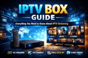 IPTV box connected to TV showing live channels, movies, and streaming apps in 4K quality