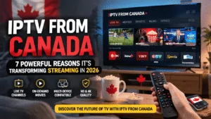IPTV from Canada streaming service conclusion banner showing smart TV interface, affordability, convenience, multicultural content, and high-quality viewing experience